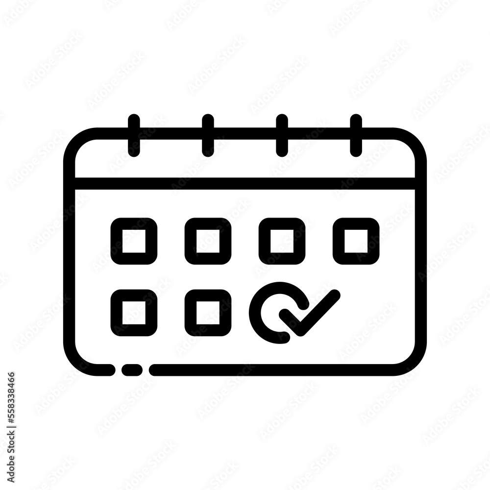 Calendar line icon. Schedule, day, week, month, date, tick, event, holiday, season, season, schedule, reminder, deadline. Deadline concept. Vector black line icon on white background Calendar line icon. Schedule, day, week, month, date, tick, event, holiday, season, season, schedule, reminder, deadline. Deadline concept. Vector black line icon on white background