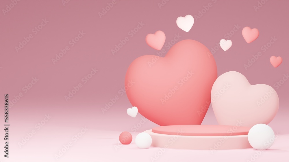 Pink podium with background for product presentation, copy space. 3d rendering. Valentine concept.