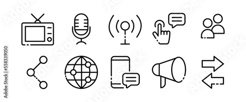 Media line icons set. Television, microphone, signal, share, podcast. internet, smartphone, communication, people, loudspeaker, speech bubble. Information concept. Vector black line icons set
