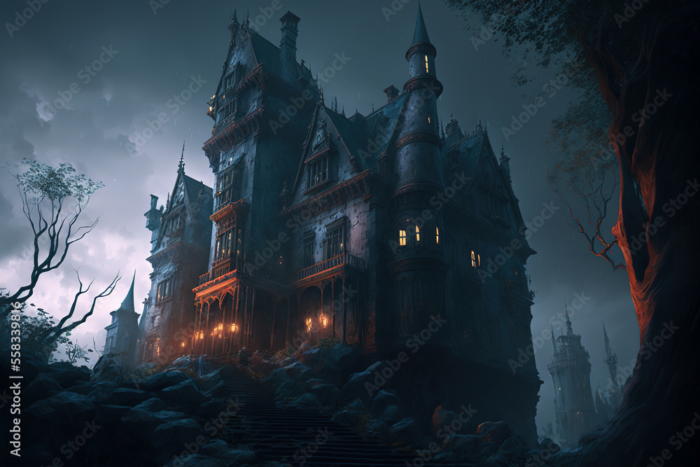 Vampire castle, night, fog, dark fantasy, haunted castle, landscape, art illustration