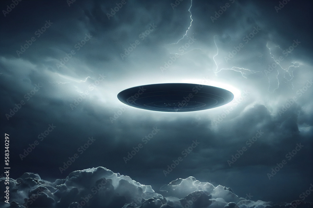 A black UFO flies in the gloomy sky in the middle of lightning with Generative AI A black UFO flies in the gloomy sky in the middle of lightning with Generative AI