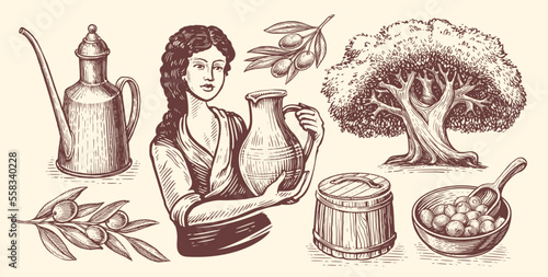 Olive oil concept. Healthy organic natural farm food. Hand drawn vector sketches in vintage engraving style
