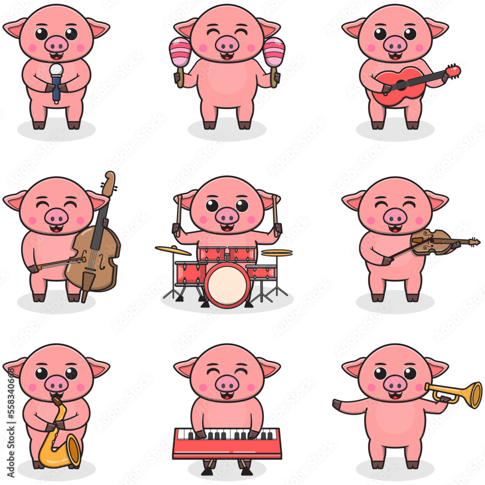 Vector Illustration of Cute Pig playing music instruments. Set of cute Pig characters. Cartoon animal play music. Animals musicians. Vector Illustration of Cute Pig playing music instruments. Set of cute Pig characters. Cartoon animal play music. Animals musicians.