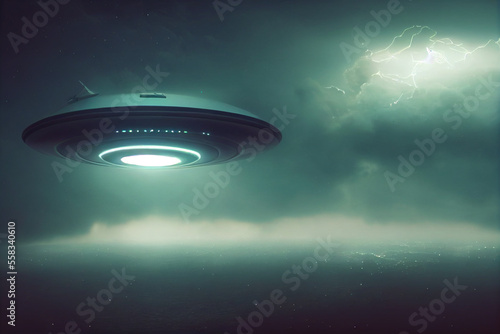 A huge UFO flying above the clouds, among the lightning in the sky with Generative AI