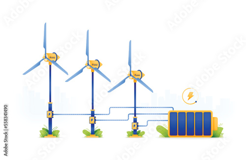 design illustration of wind sourced ecofriendly energy. Wind turbines produce low emission electricity to charge and store lithium battery. can be used for web, website, posters, apps, brochures