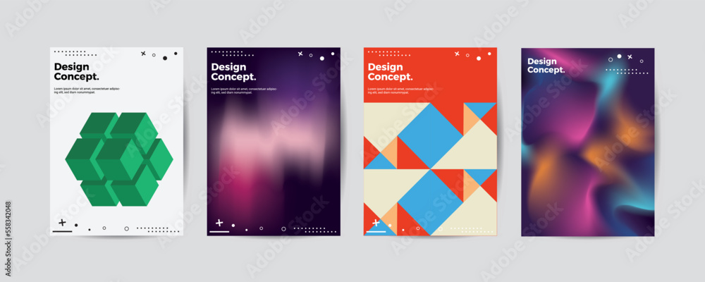Fototapeta premium Company identity brochure template collection. Business presentation vector A4 vertical orientation front page mock up set. Corporate report cover abstract geometric illustration design layout bundle.