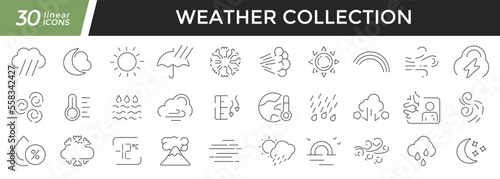 Weather linear icons set. Collection of 30 icons in black