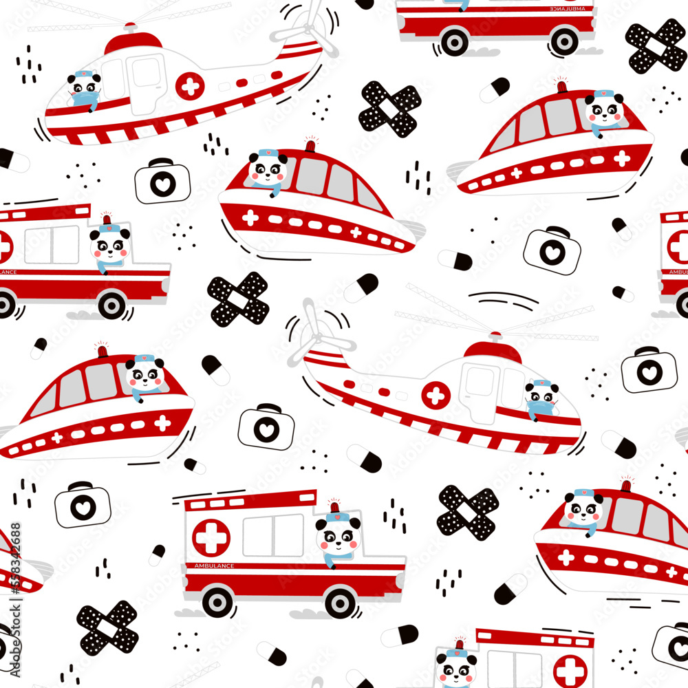 Seamless pattern with ambulance car, helicopter and boat, medical rescue team ornament Seamless pattern with ambulance car, helicopter and boat, medical rescue team ornament