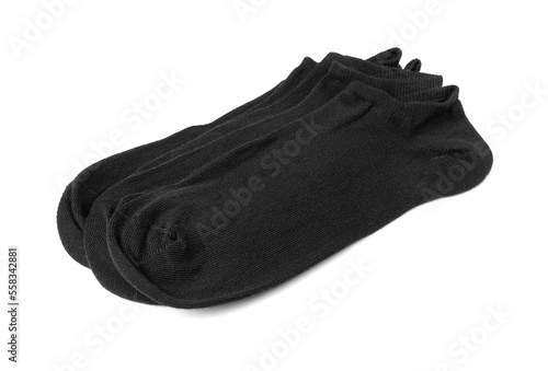 New Black Cotton Sock Isolated. Folded Sportswear, Classic Unisex Cotton Socks on White Background