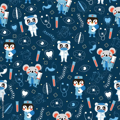 Medical pattern with animal doctor on dark background for kids in cartoon style for print or fabric