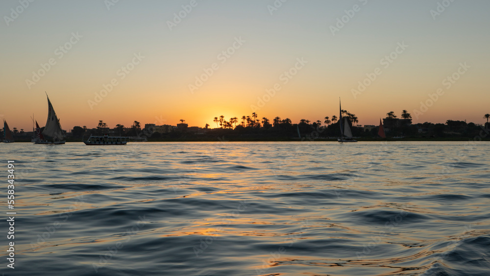 Yachts on the Nile River, sunset. Egypt