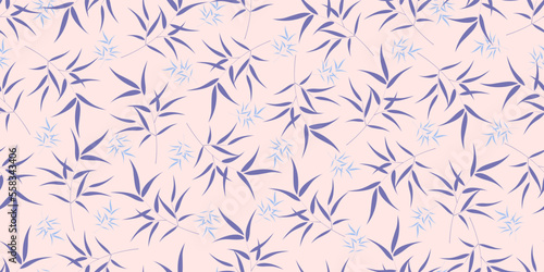 Seamless pattern of bamboo branches in lilac and blue tones on a pale pink background