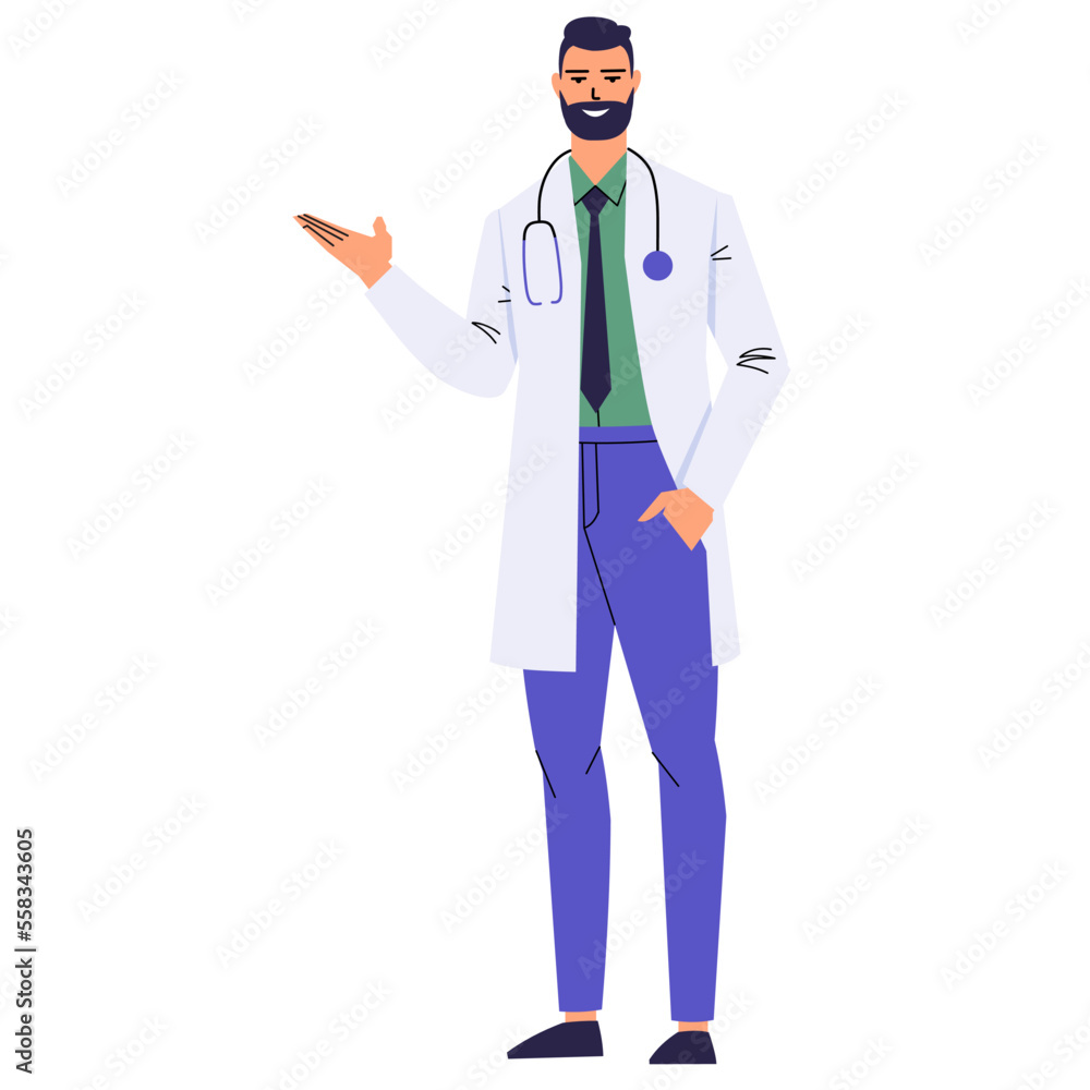 A bearded doctor is pointing at something with his hand. Presents, demonstrates. A medical worker with a stethoscope and in a white coat. Smiling character isolated on white. Flat vector. A bearded doctor is pointing at something with his hand. Presents, demonstrates. A medical worker with a stethoscope and in a white coat. Smiling character isolated on white. Flat vector.