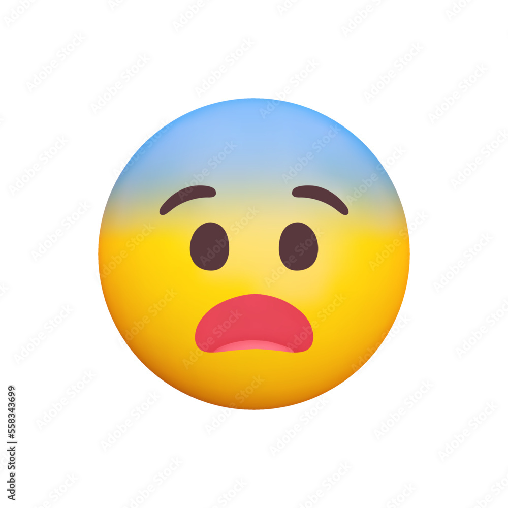 Fearful Face 3d icon. Emoji with open eyes, pale blue forehead. Amazed, shocked, sad, upset. Isolated object on transparent background