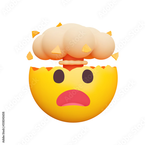 Face with exploding head 3d icon. yellow emoji with open and mouth mushroom cloud. Mind blown. Shock, awe, amazement. Isolated object on transparent background