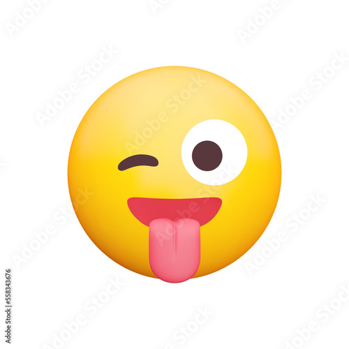 Winking Face with Tongue 3d icon. yellow emoji sticking out her tongue and winking. Wackiness, buffoonery, joking. Isolated object on transparent background