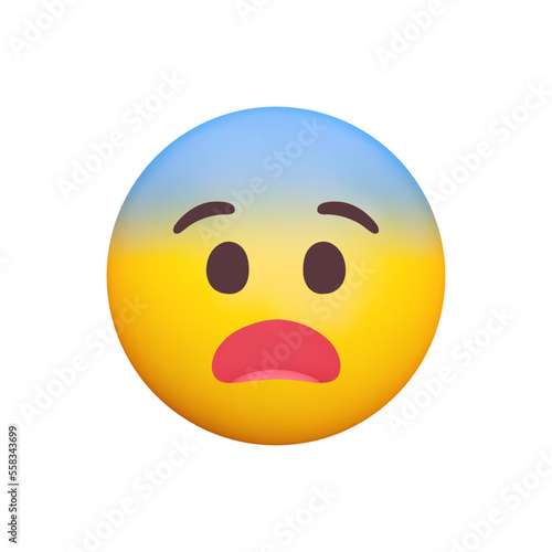 Fearful Face 3d icon. Emoji with open eyes, pale blue forehead. Amazed, shocked, sad, upset. Isolated object on transparent background