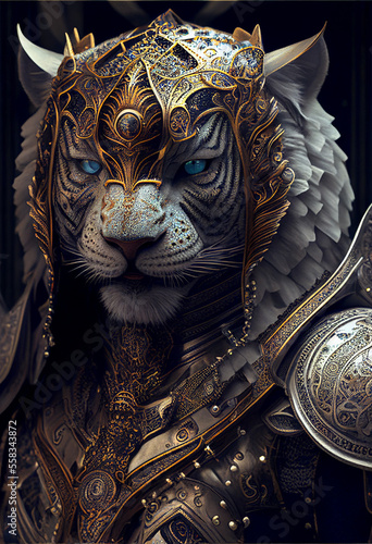 Portrait of anthropomorphic gorgeous Tiger wearing mercury armor with epic Paisley Patterned Filigree design. Perfect for phone wallpaper