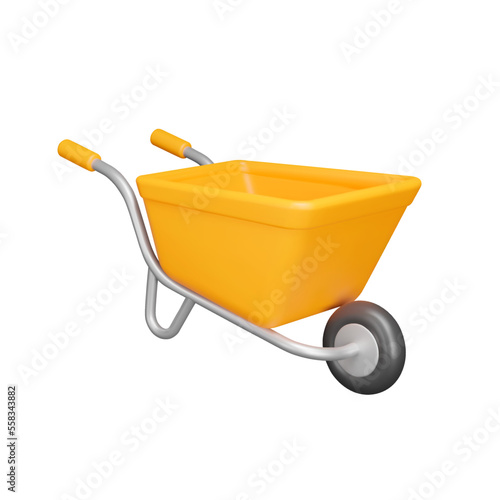 Garden wheelbarrow with one wheel 3d icon. Isolated object on transparent background
