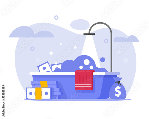 Money laundry or cash washing launder icon in bath flat cartoon illustration, illegal dirty funds cleaning service, criminal finance cleanses, currency washer graphic design modern clipart image