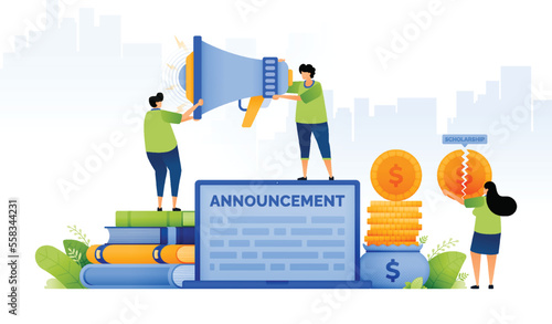 design illustration of tuition reduction announcement with merit educational scholarship program. students holding megaphones and broken coins. can be used for web, website, posters, apps, brochures