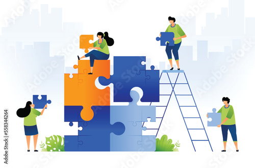 illustration design of teamwork, brainstorming and problem solving. people collaborate to solve puzzles in large puzzles. game in game. can be used for web, website, posters, apps, brochures