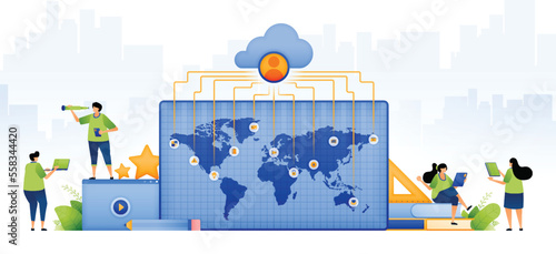 illustration of educational funding by foreign scholarships. world map that connected by cloud network to find merit scholarship recipients. can be used for web, website, posters, apps, brochures