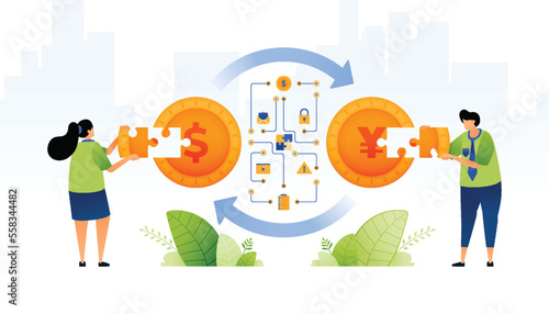 illustration of foreign transaction system and financial trading. people problem solving banking system for global financial trade activities. can be used for web, website, posters, apps, brochures