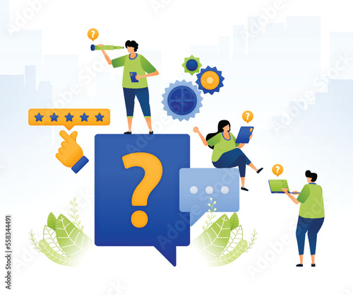 illustration design of question and answer with feedback and rating. people give ratings on comments and feedback on service to improve quality. can be used for web, website, posters, apps, brochures