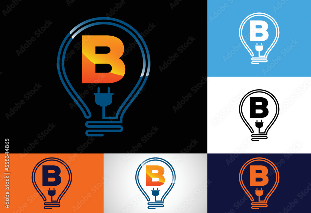 Initial alphabet B with an electric bulb. Electric bulb logo vector template. Electricity logo Initial alphabet B with an electric bulb. Electric bulb logo vector template. Electricity logo
