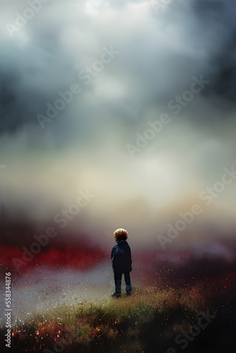 Boy Alone in Cloudy Field with Fog and Smoke © naffbo