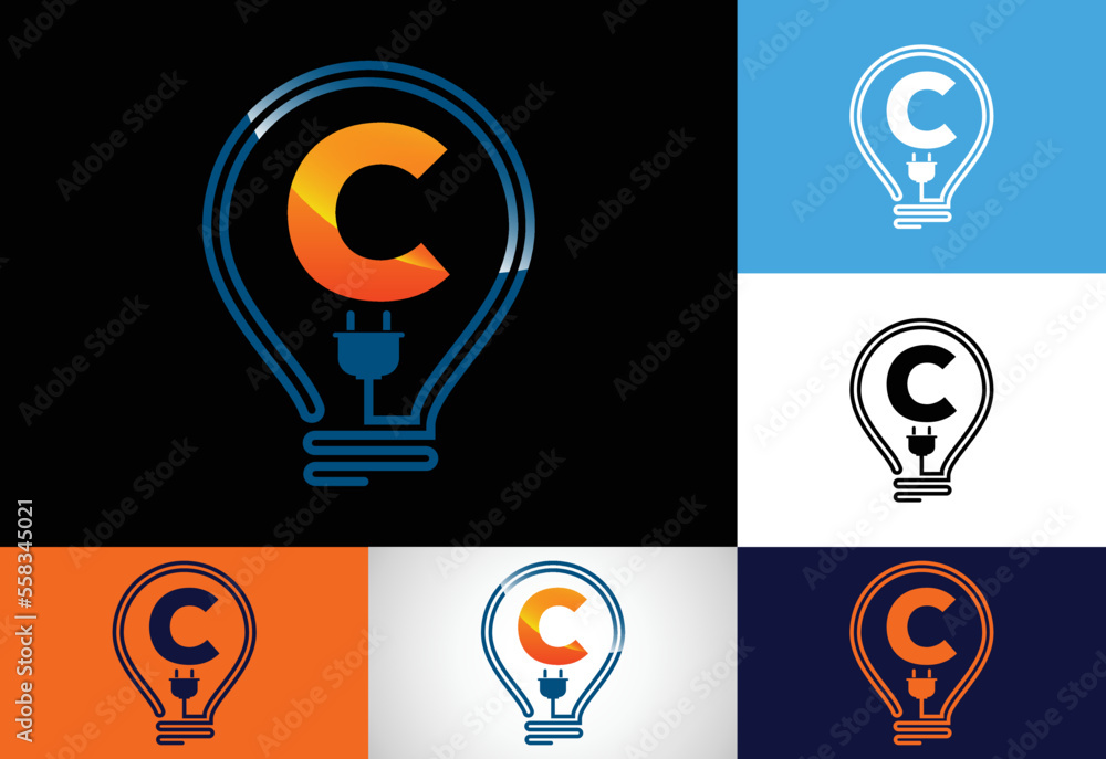 Initial alphabet C with an electric bulb. Electric bulb logo vector template. Electricity logo Initial alphabet C with an electric bulb. Electric bulb logo vector template. Electricity logo