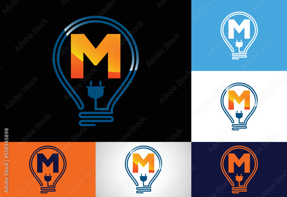 Initial alphabet M with an electric bulb. Electric bulb logo vector template. Electricity logo Initial alphabet M with an electric bulb. Electric bulb logo vector template. Electricity logo