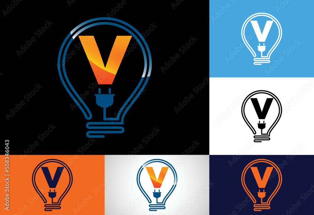 Initial alphabet V with an electric bulb. Electric bulb logo vector template. Electricity logo Initial alphabet V with an electric bulb. Electric bulb logo vector template. Electricity logo