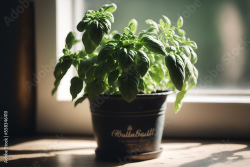 Growing Basil In Pot Kitchen Background 