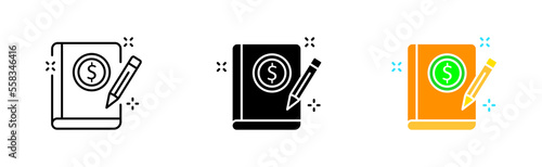 Book with coin set icon. Money, cash, transfer, cent, transaction, arrows, beg, receive, salary, income, spending, tax Vector icon in line, black and colorful style on white background