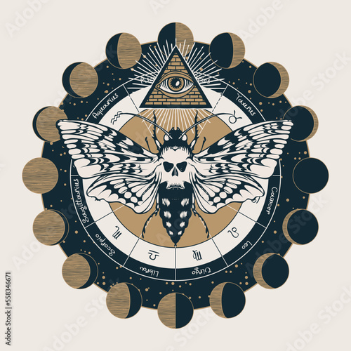 Hand-drawn scary butterfly moth dead head on the background of magical symbols of zodiac signs, moon phases in a circle. Witchcraft, occult attributes, alchemical signs