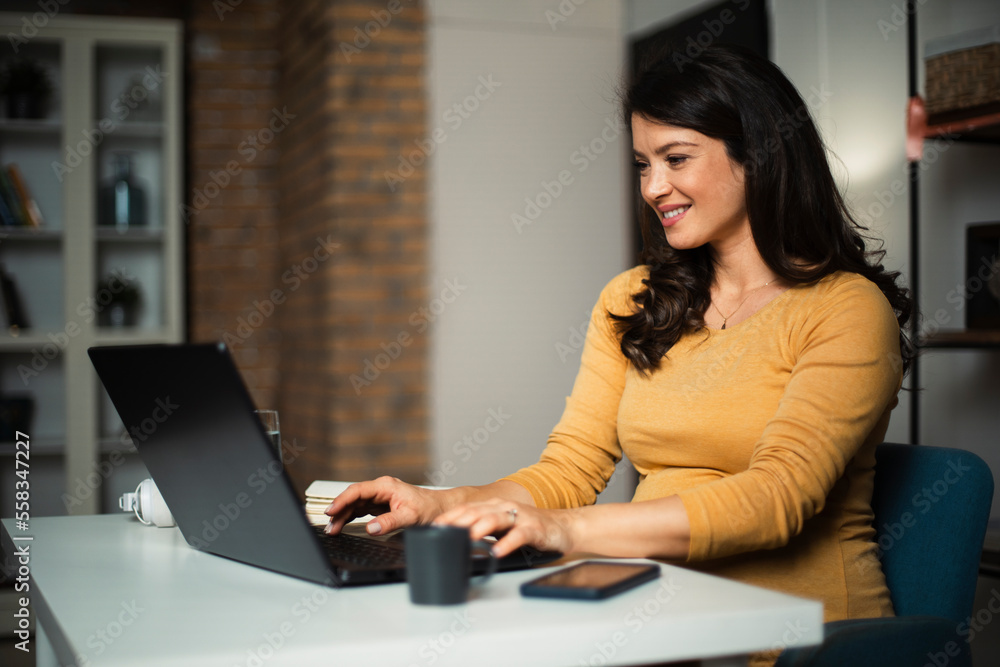 Beautiful pregnant woman working on laptop. Young businesswoman working in her office.. Beautiful pregnant woman working on laptop. Young businesswoman working in her office..