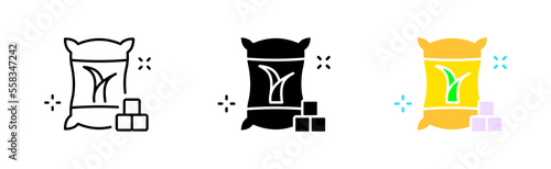 Bag of cane sugar. Sweetness, sugar cubes, coffee, tea, saucepan, cup, diabetes, sugar bowl, flour. Dessert concept. Vector icon in line, black and colorful style on white background