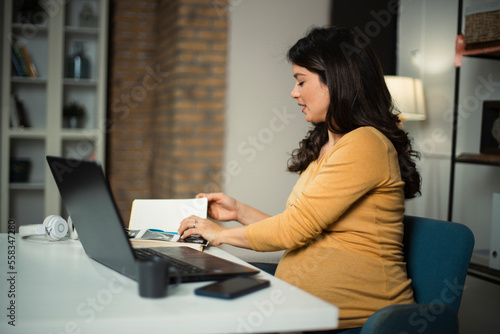Beautiful pregnant woman working on laptop. Young businesswoman working in her office..