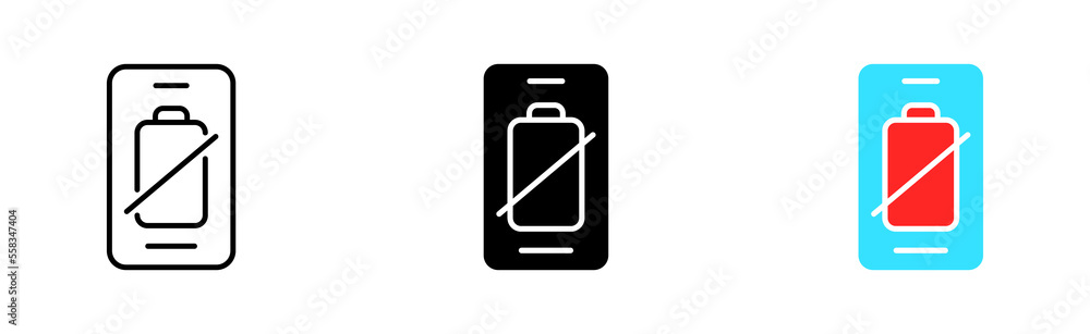 Phone wuth low battery set icon. Charge, accumulator, electricity, power supply, state, device, electric, electrical, portable. Vector icon in line, black and colorful style on white background Phone wuth low battery set icon. Charge, accumulator, electricity, power supply, state, device, electric, electrical, portable. Vector icon in line, black and colorful style on white background