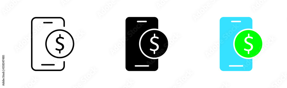 Phone with Payment line icon. Phone with coin, transaction, bank online, cent, dollar, order, salary, bill. Shopping concept. Vector icon in line, black and colorful style on white background Phone with Payment line icon. Phone with coin, transaction, bank online, cent, dollar, order, salary, bill. Shopping concept. Vector icon in line, black and colorful style on white background