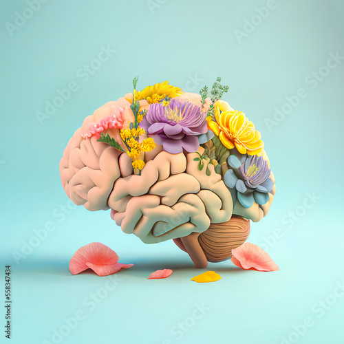 Abstract realistic illustrated pastel colorful brain made of fresh Spring flowers. Decorative human heart. Soft pastel blue minimal background. Generative AI.