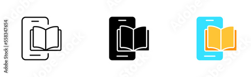 Phone with Books set icon. Paper, digital, electronic, audio, download, listen, note, bookmark. Knowledge concept. Vector icon in line, black and colorful style on white background