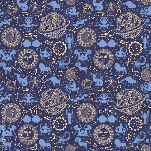 Abstract seamless pattern with zodiac signs, horoscope symbols, sun, moon, stars, constellations and Ptolemaic Geocentric System. Decorative vector background in cartoon style