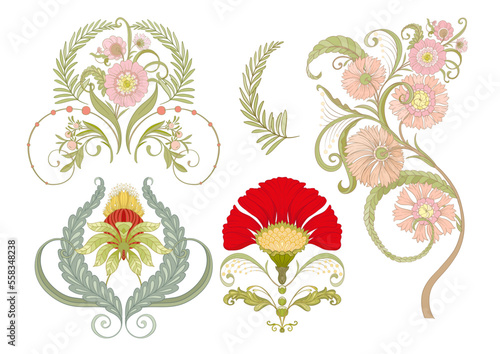 Decorative flowers and leaves in art nouveau style, vintage, old, retro style. Vector illustration. Clip art, set of elements for design
