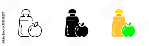Salt shaker with apple set icon. Sugar, Sweetness, sugar cubes, tea, saucepan, cup, diabetes, sugar bowl, flour. Dessert concept. Vector icon in line, black and colorful style on white background
