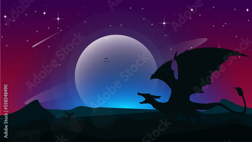 fantasy wallpaper with mythological animal. fantasy walpaper for desktop. dragon roars. blue sky in night background.