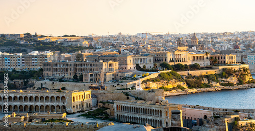 View of the rooftops and Church of Our Lady of Mount Carmel and St. Paul's Anglican Pro-Cathedral, Valletta, capital of Malta