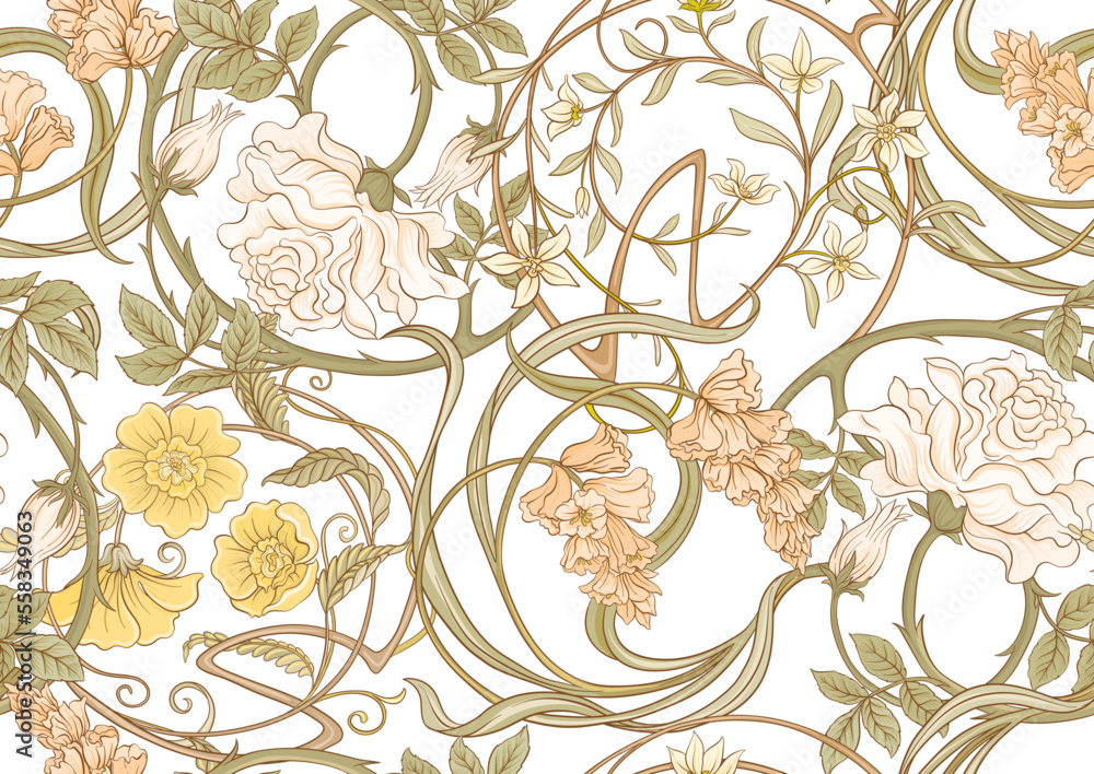 Decorative flowers and leaves in art nouveau style, vintage, old, retro